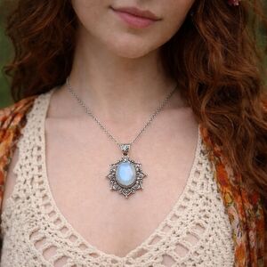 NWT Moonstone Pendant Antiqued Silver Filigree Necklace Boho Fairy Festival